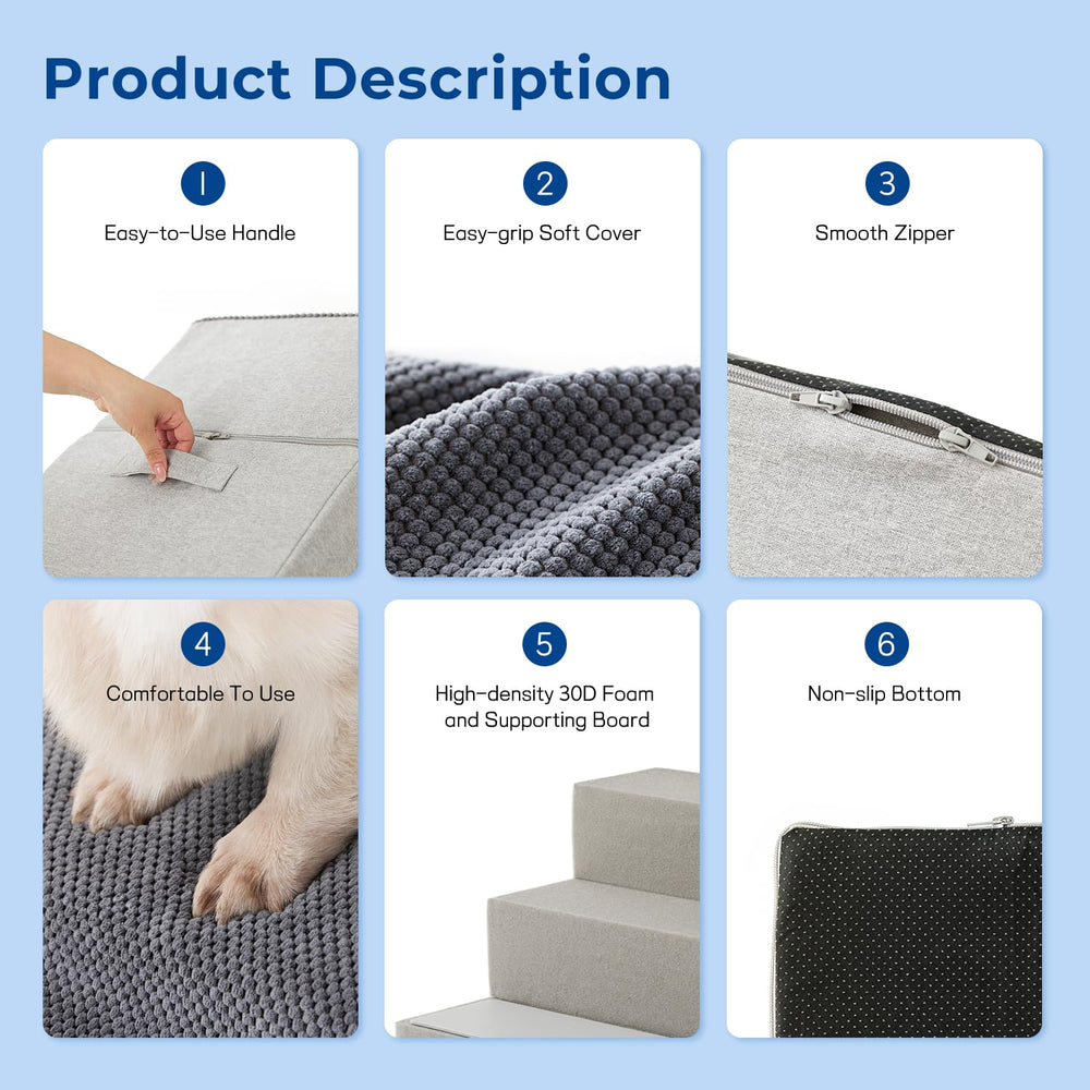 ZOMISIA dog steps with washable grey cover for quick cleanup after muddy paws.