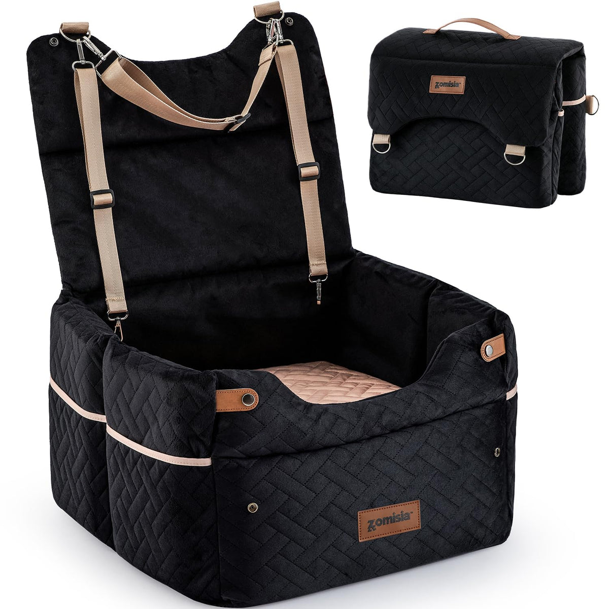 ZOMISIA Elevated Dog Car Seat assembly demonstrates secure setup for car trips.
