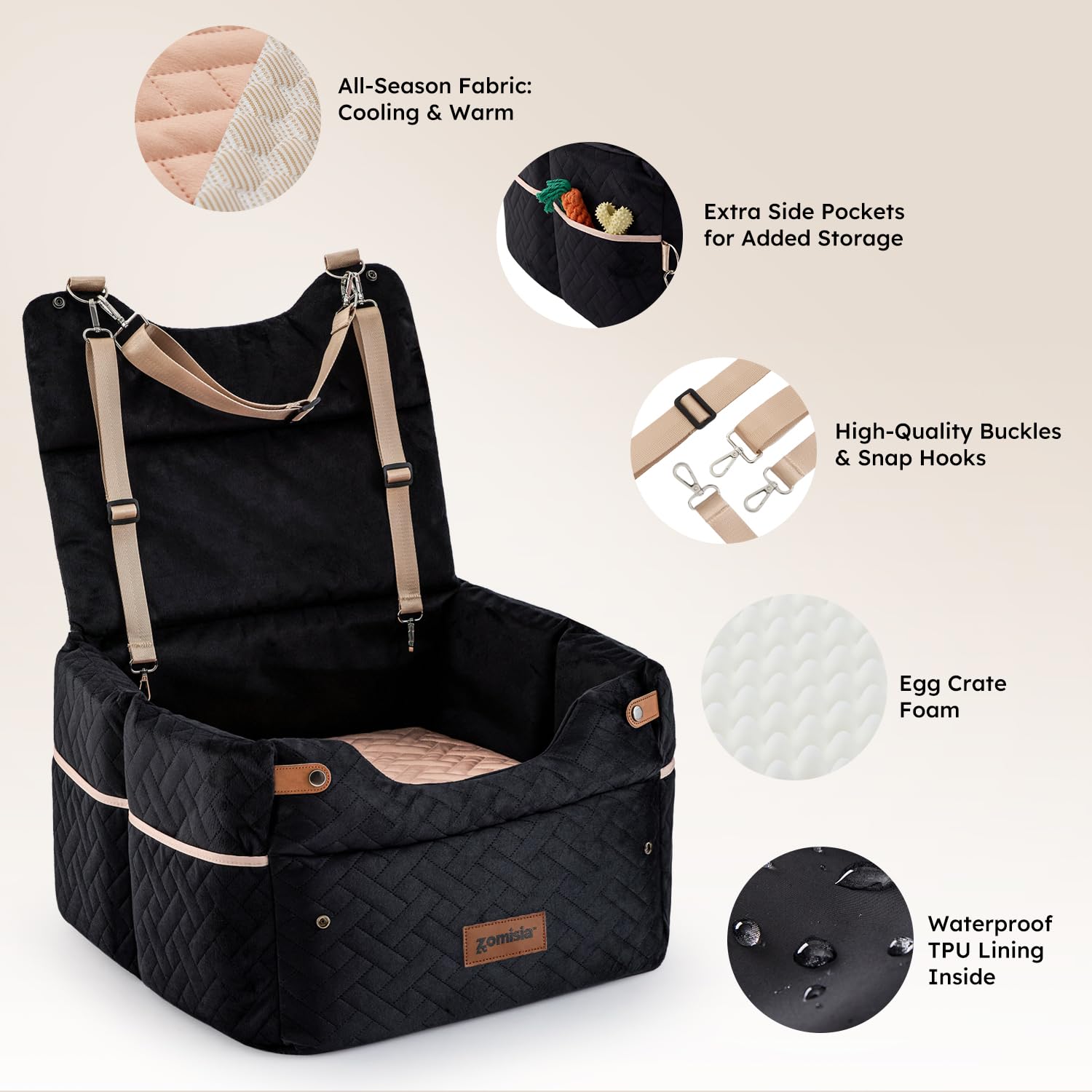ZOMISIA Elevated Dog Car Seat washable outer cover makes cleaning easy.