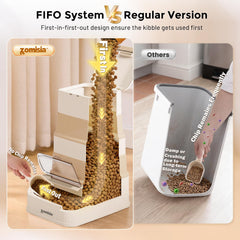 ZOMISIA FIFO dispense base demonstrates easy bottom-access to fresh kibble.