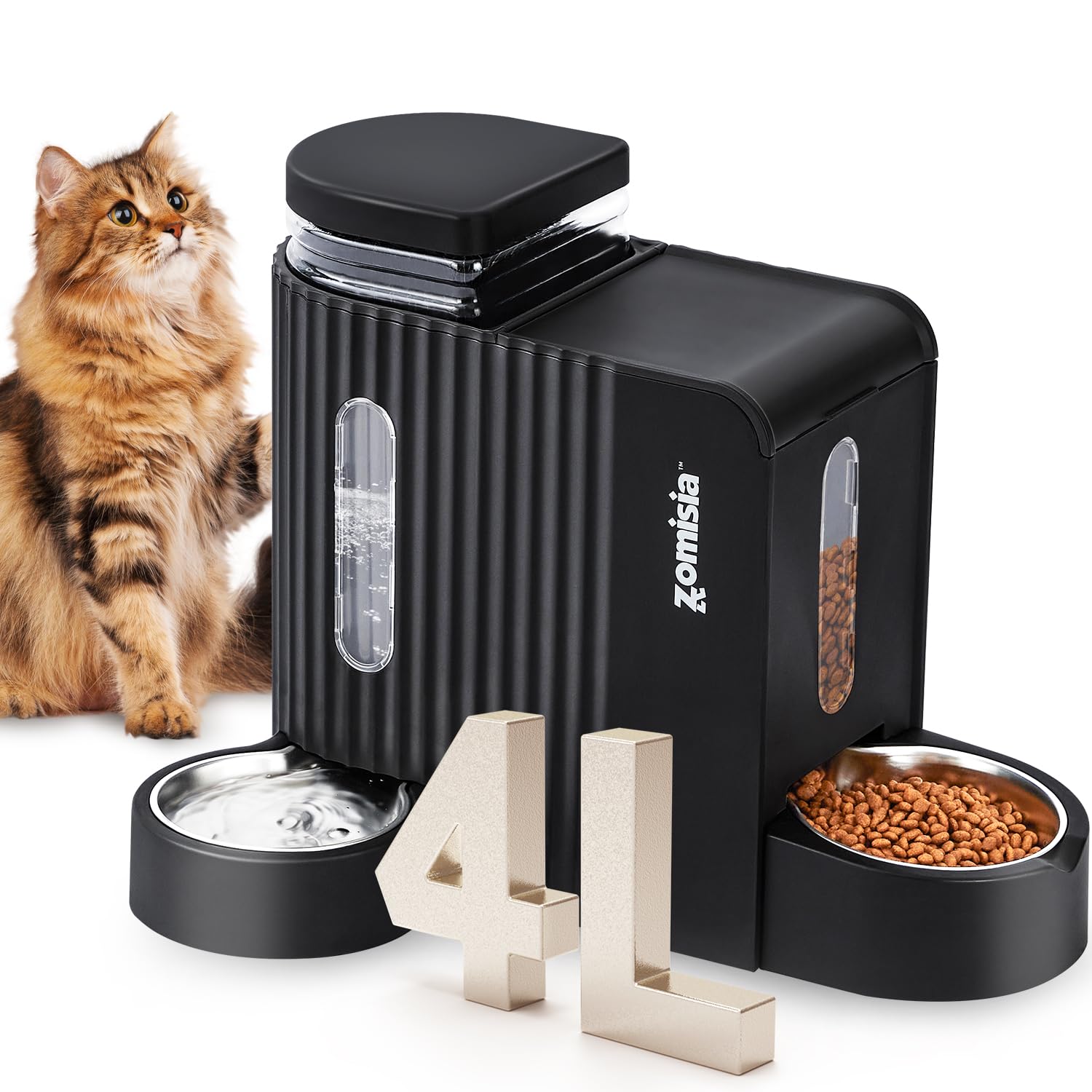 ZOMISIA gravity cat feeder and water dispenser with 4L tank for steady hydration.