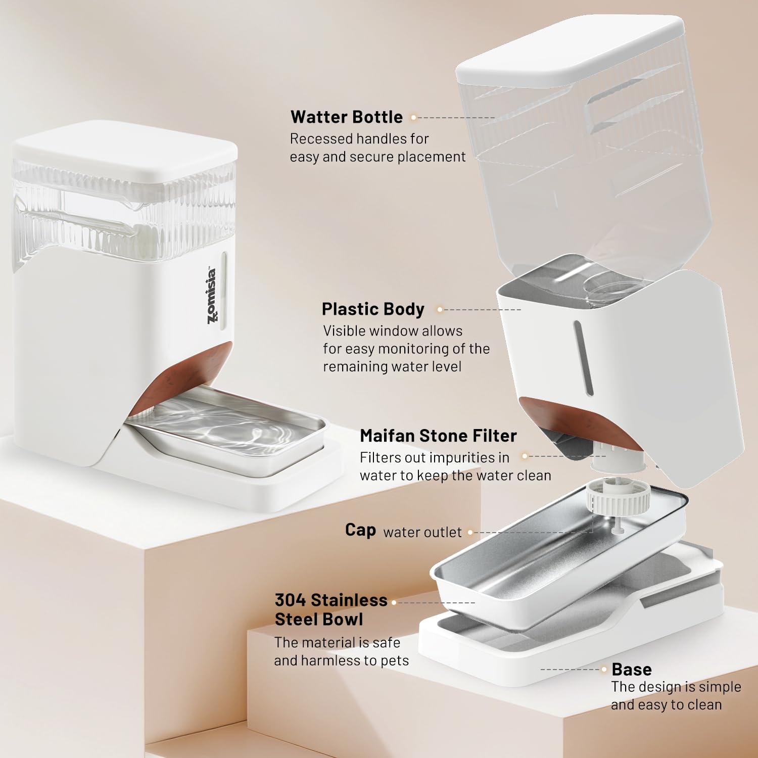 ZOMISIA gravity cat water dispenser, recessed handles, easy placement and setup