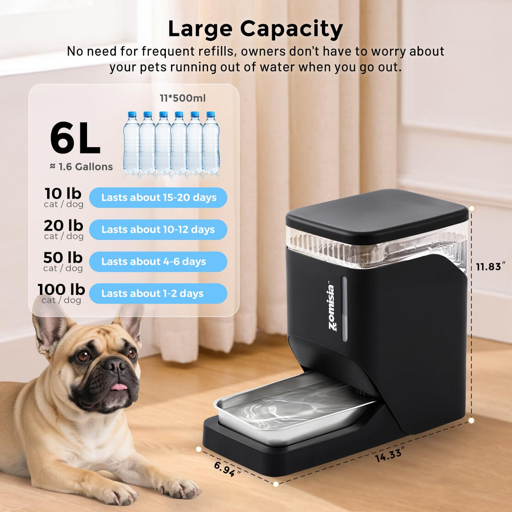 ZOMISIA gravity cat water dispenser, stainless-steel bowl detail, durable and rust-resistant