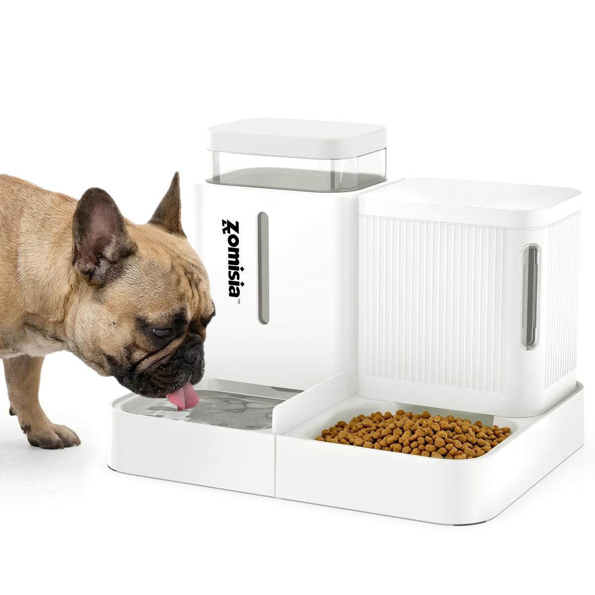 ZOMISIA gravity dog feeder front view with 2-in-1 feeding setup for convenient use