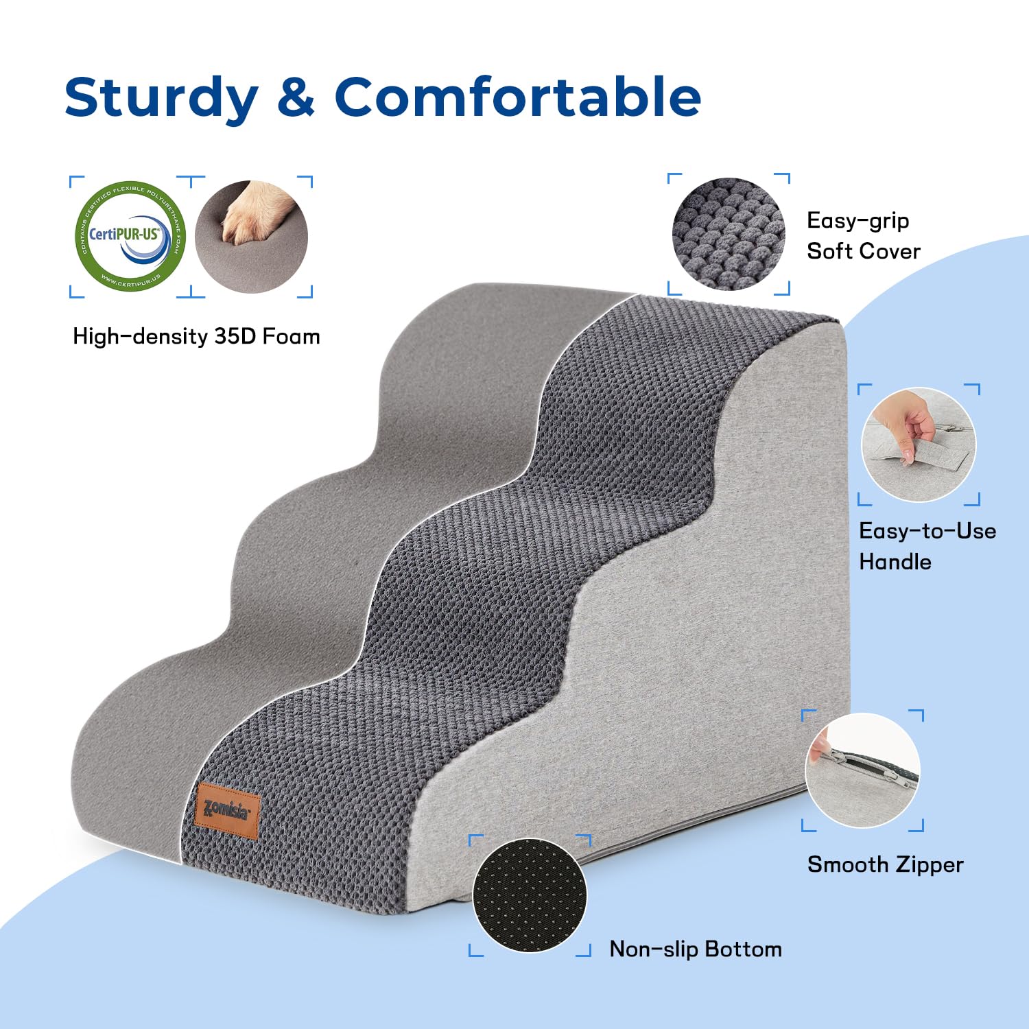 ZOMISIA pet stairs foam detail highlights 35D foam for steady footing