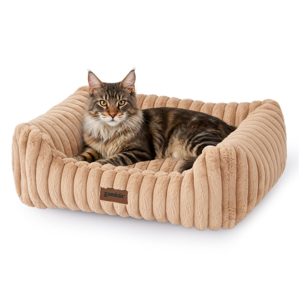 ZOMISIA rectangular pet bed in camel with foam support for comfortable naps