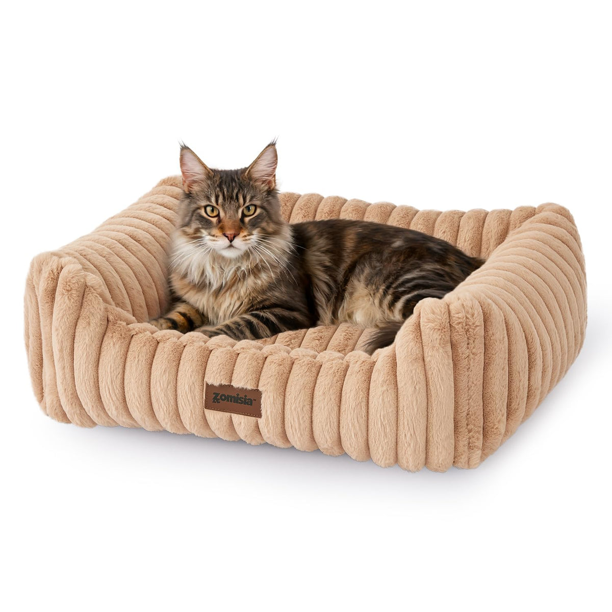 ZOMISIA rectangular pet bed in camel with foam support for comfortable naps