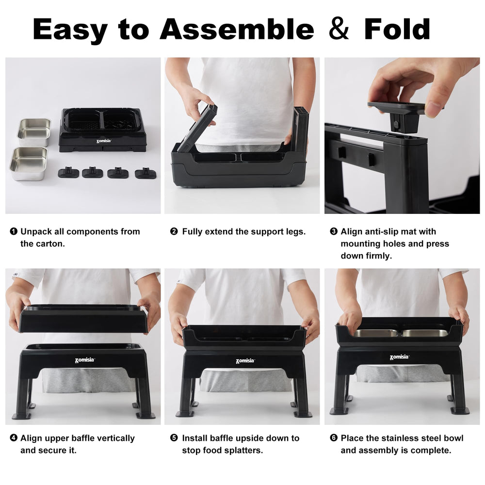 Zomisia adjustable-height stand with high walls helps contain mess.