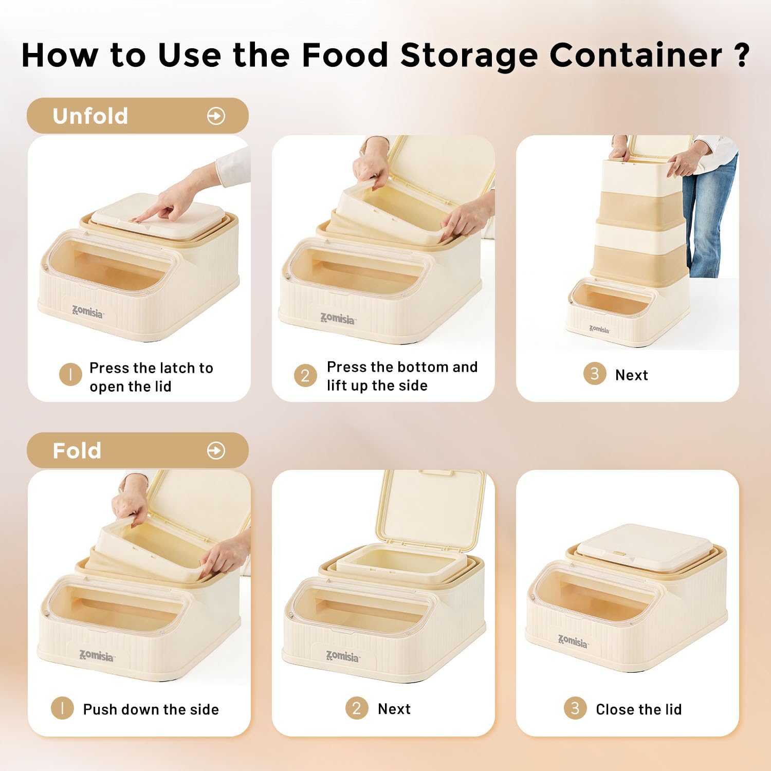 ZOMISIA rice, beans, and flour storage illustration highlights versatility.