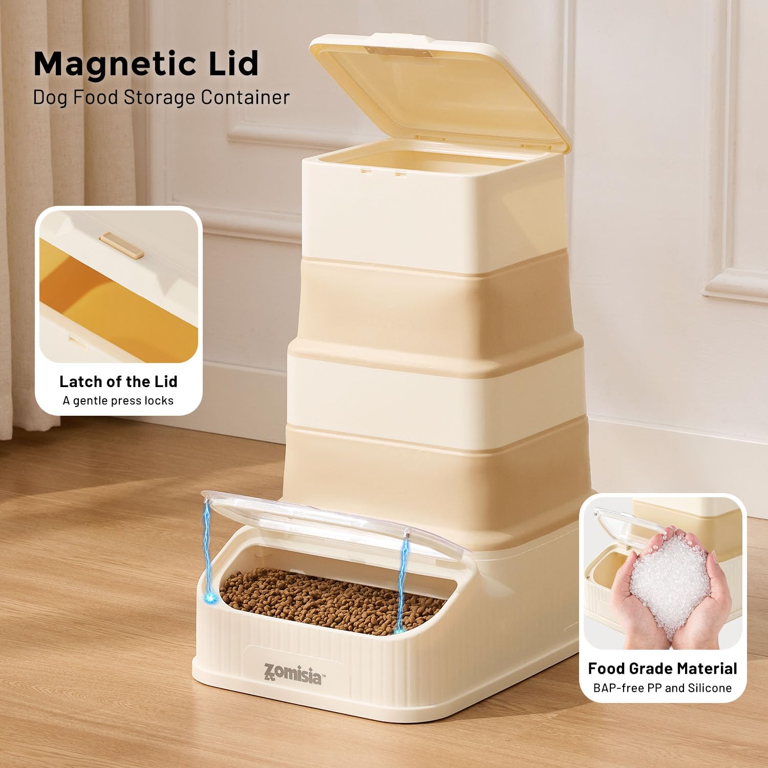 ZOMISIA scoop-dispense action illustrates effortless feeding routine.