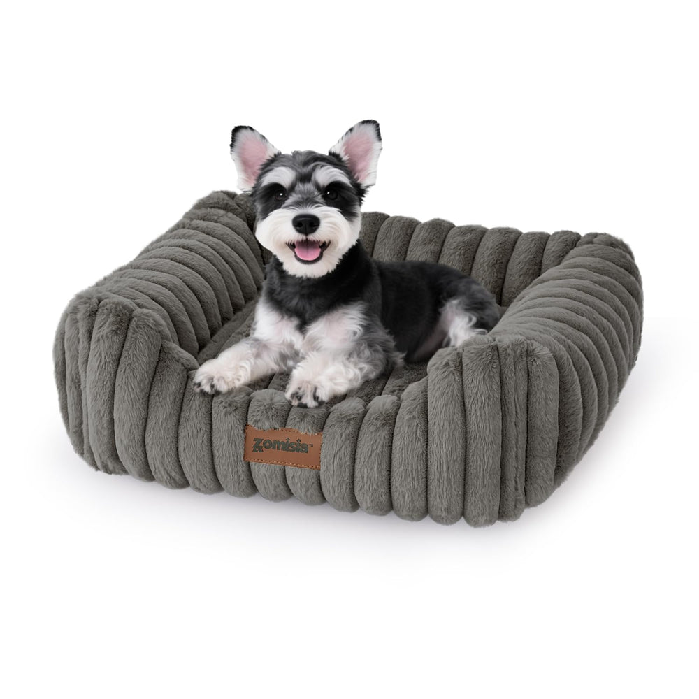 ZOMISIA small dog bed front view in grey showing plush support and security