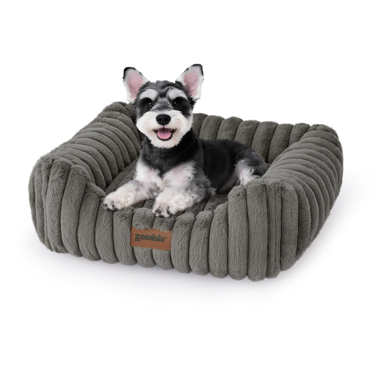 ZOMISIA small dog bed front view in grey showing plush support and security
