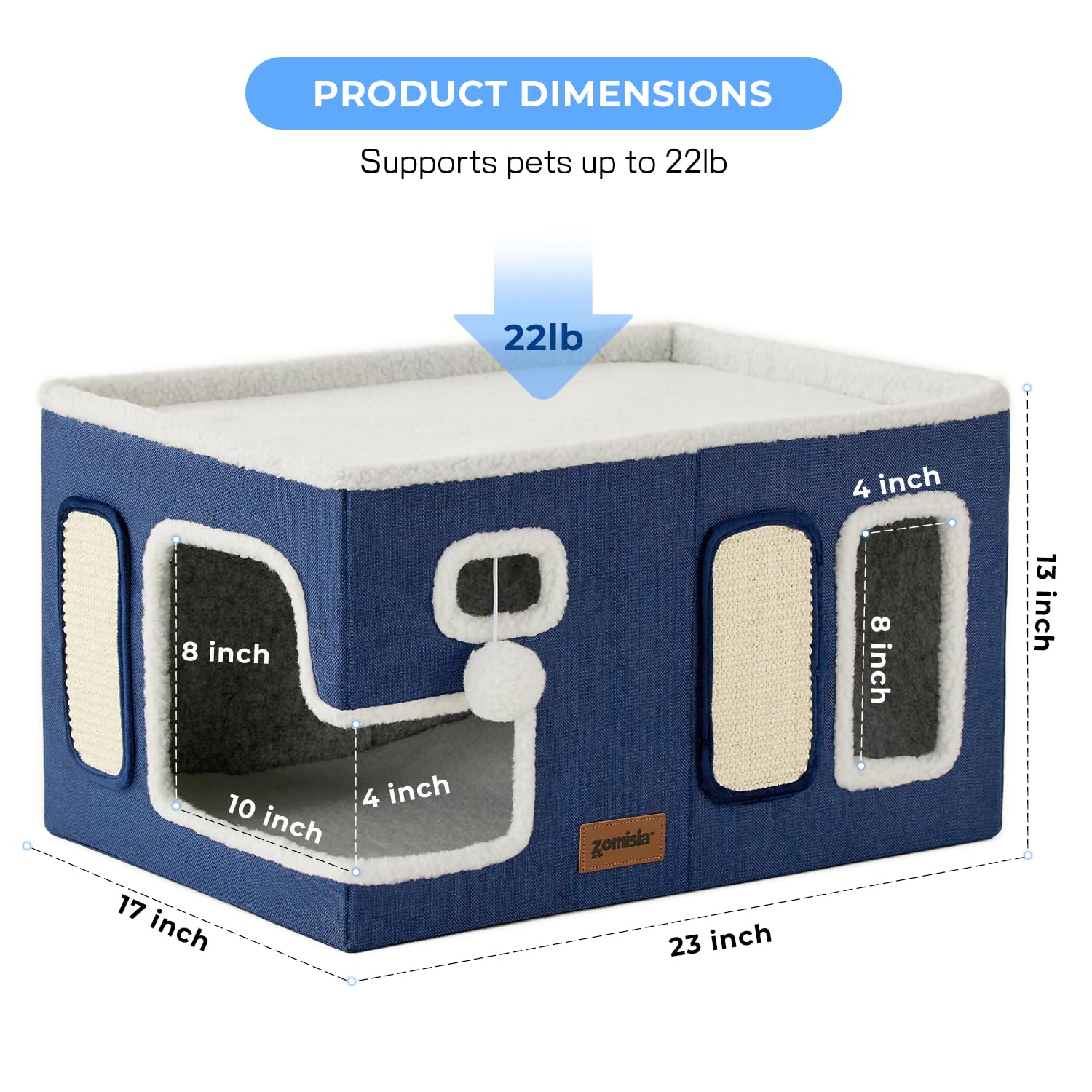 ZOMISIA spacious cat den with dimensions 23x16.5x13 inches