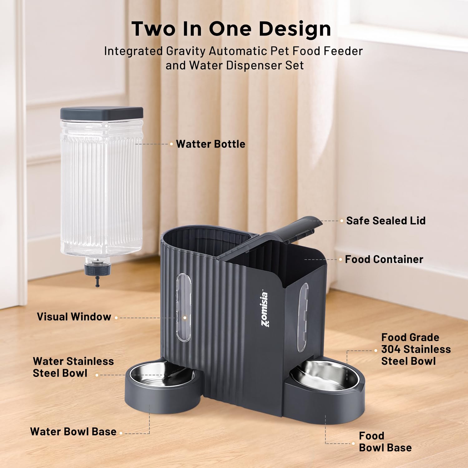 ZOMISIA two-in-one automatic feeder demonstrating independent food and water flow.