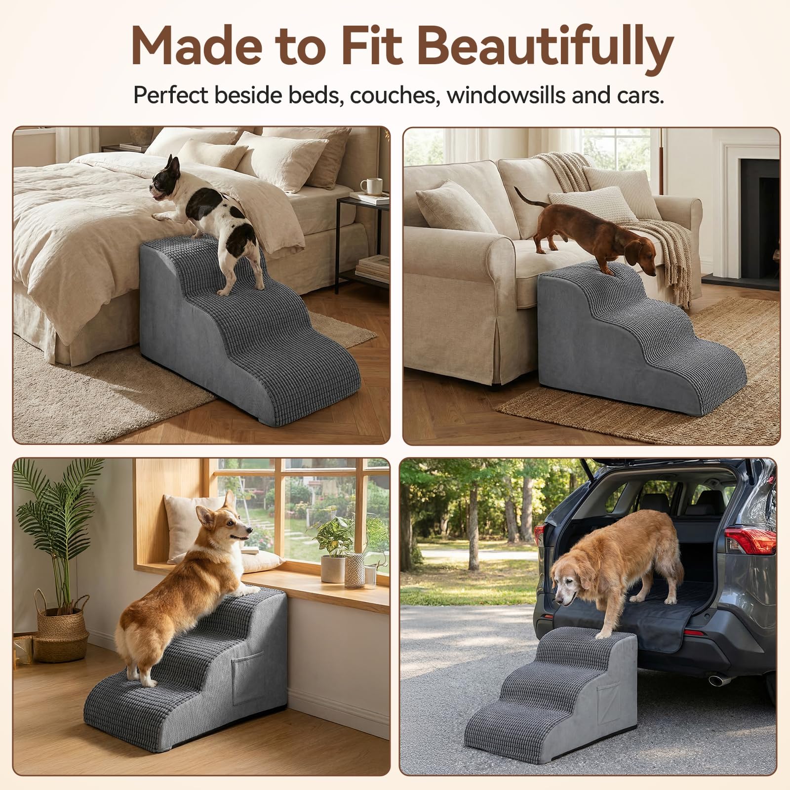 Zonflon dog stairs feature durable side panels and hidden zipper.