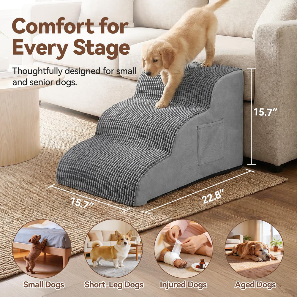 Zonflon dog stairs beside a high bed for easier access.