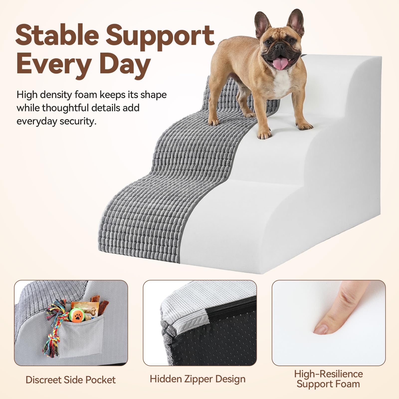 Zonflon dog stairs with washable cover for easy cleaning.