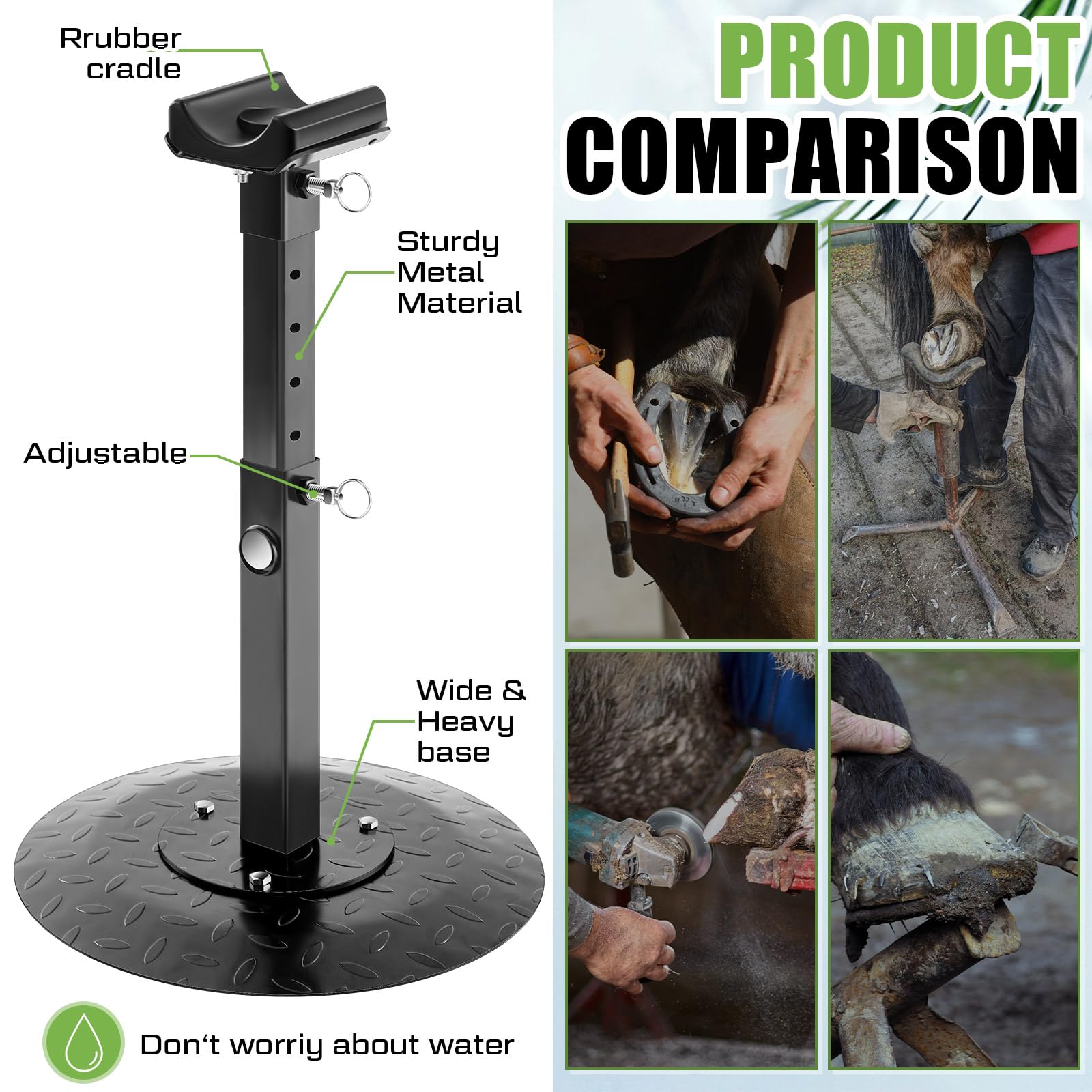 Zonon farrier stand in-use during hoof trimming reduces hand fatigue.