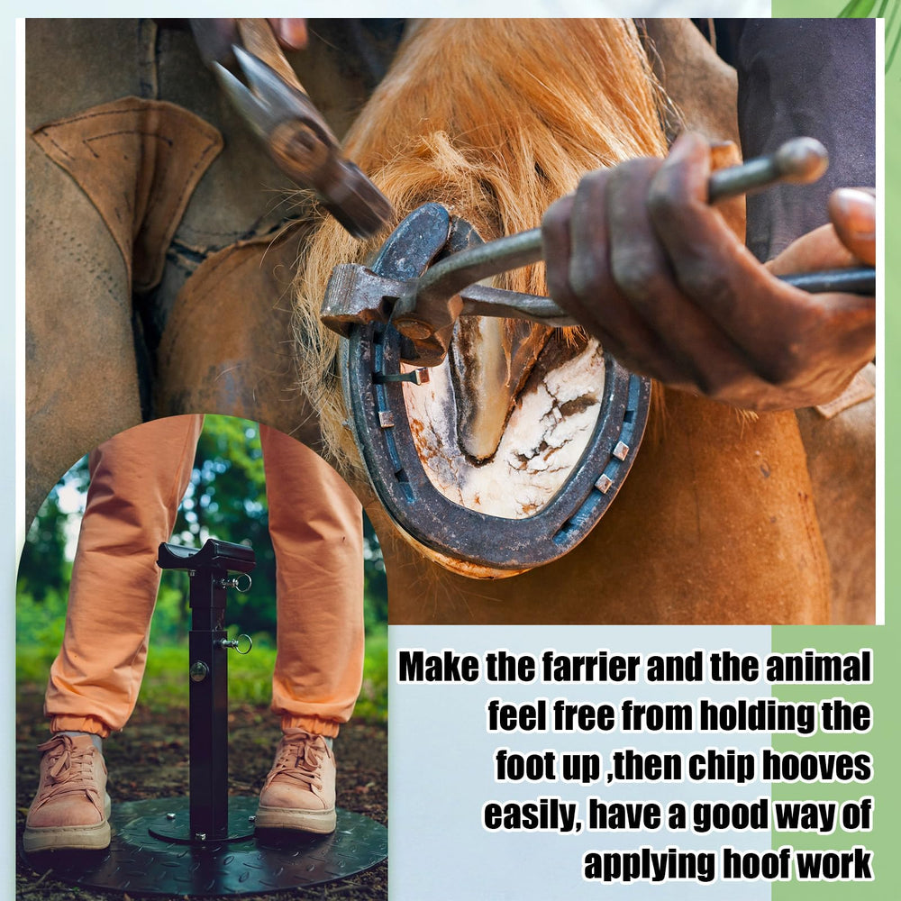 Zonon farrier stand side view highlights balanced design and stability.