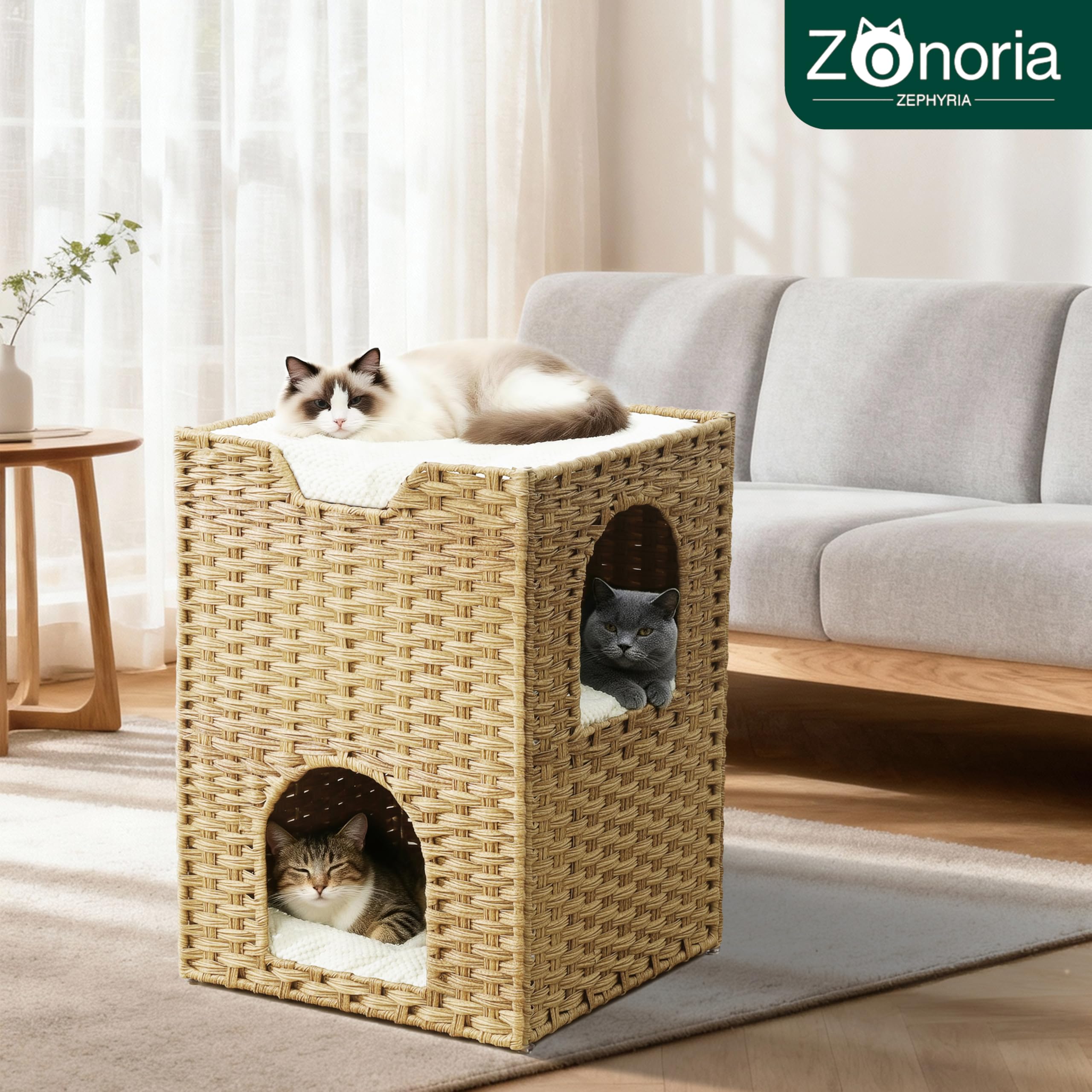Zonoria Zephyria hand-woven PE rattan cat cave highlighting durable, breathable material.