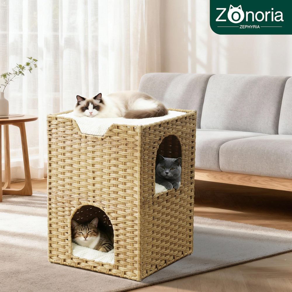 Zonoria Zephyria hand-woven PE rattan cat cave highlighting durable, breathable material.