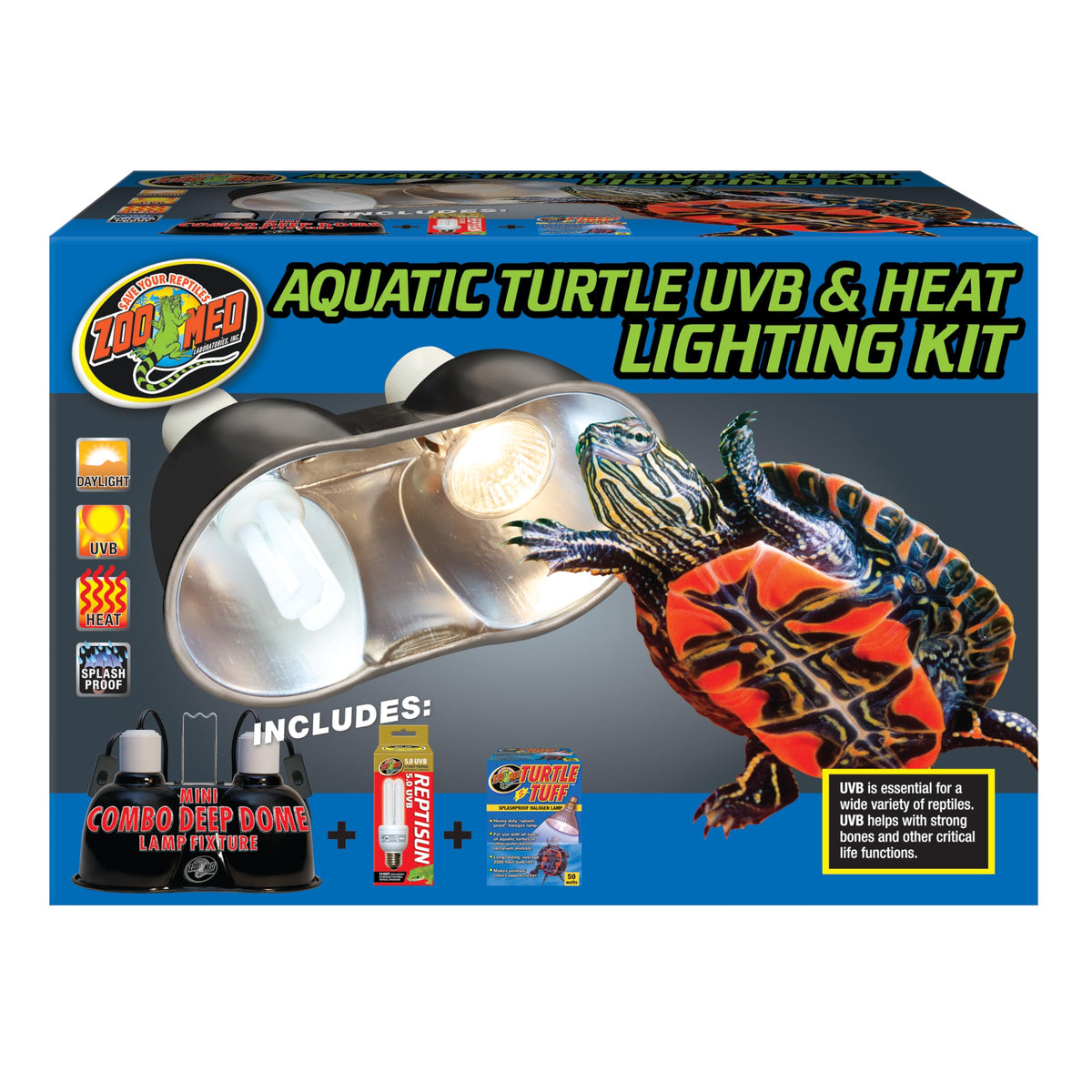 Zoo Med AQTurtle HeatUVB dual fixture front view supports turtle basking and warmth