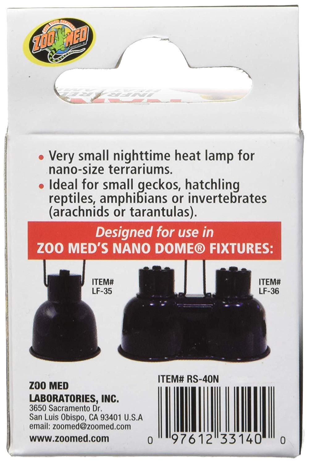 Zoo Med nano infrared heat lamp 40W close-up shows compact design for small reptiles.