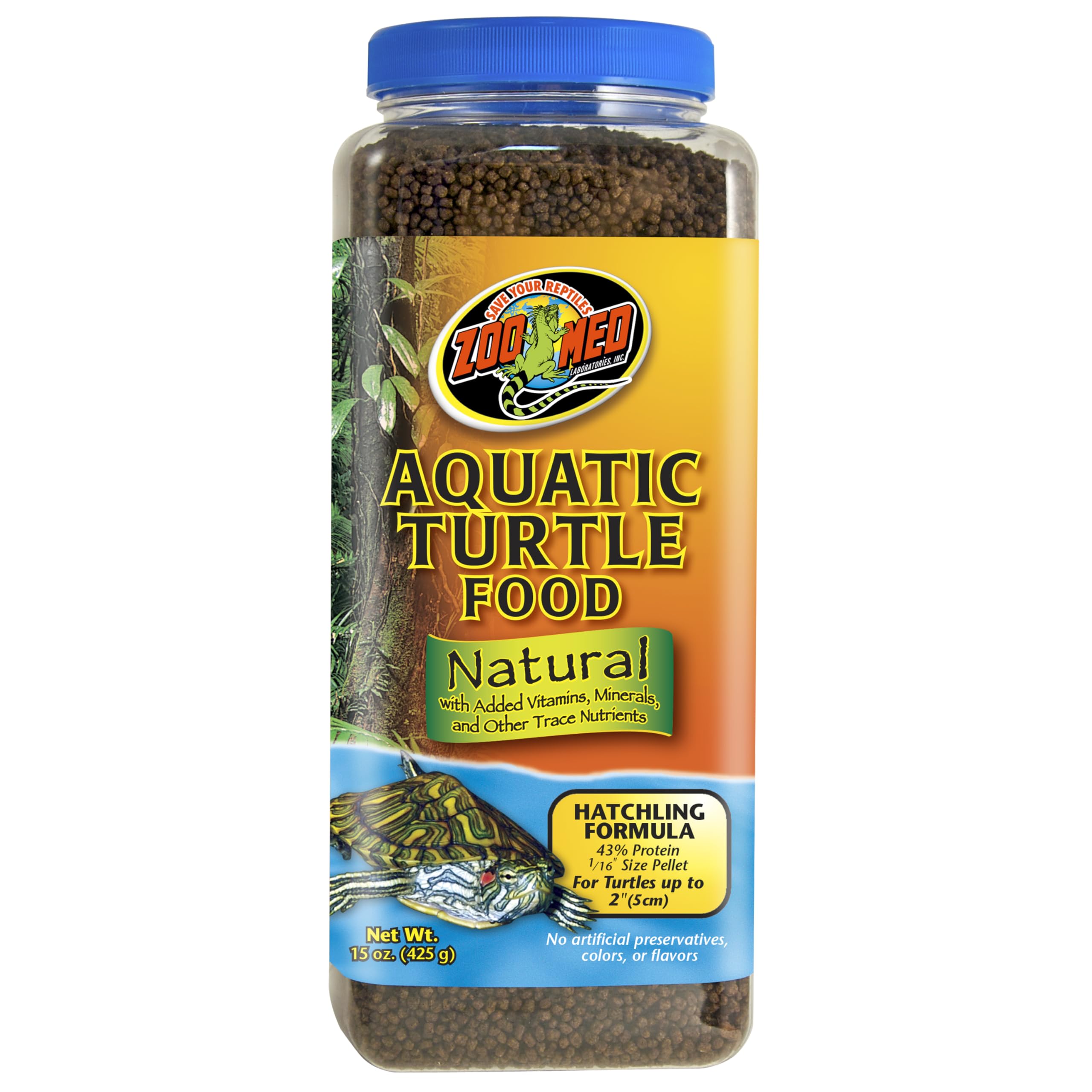 Zoo Med Natural Aquatic Turtle Food hatchling pellets designed for rapid early growth and surface feeding
