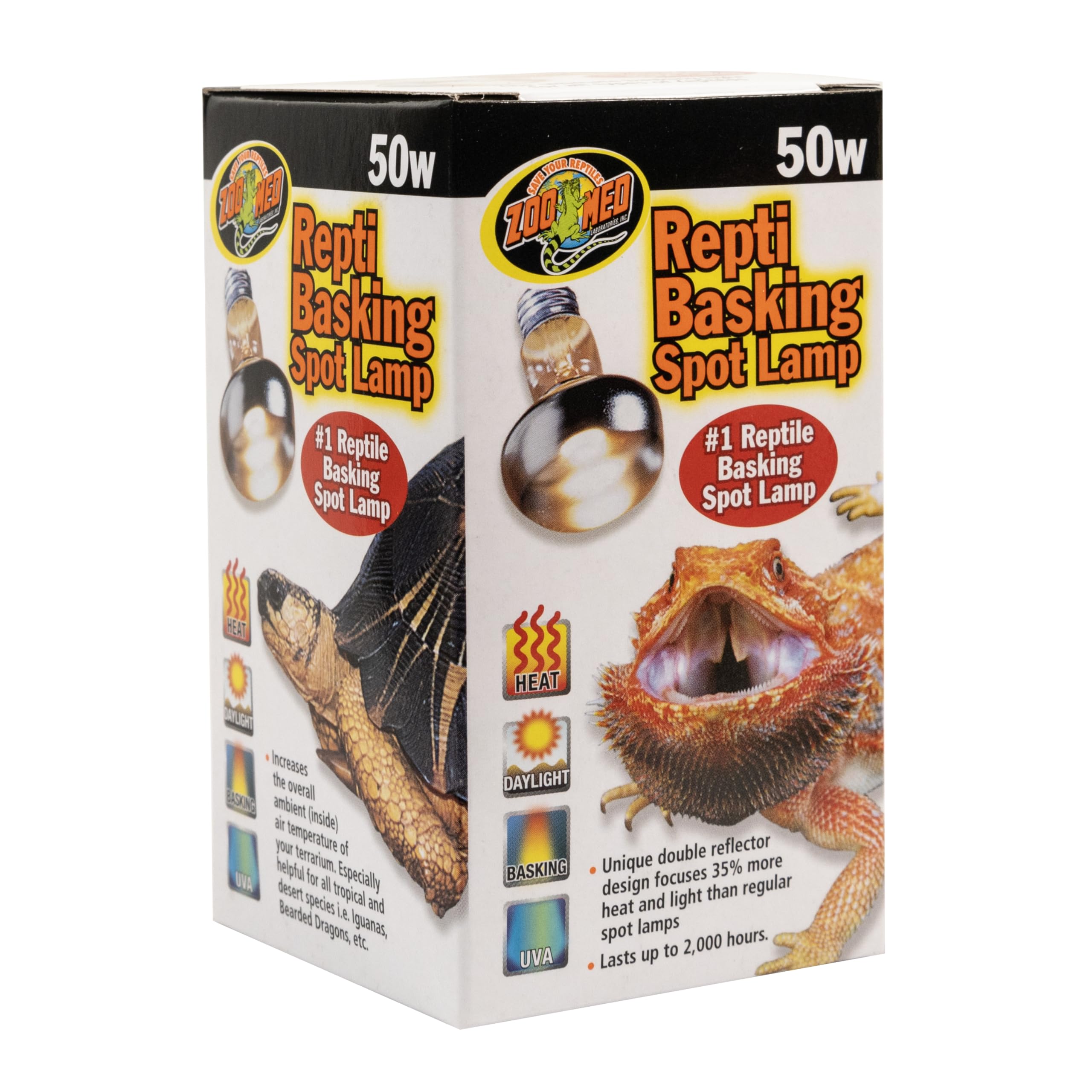Zoo Med Repti Basking Lamp 50W packaging shows specs for reptile terrariums.