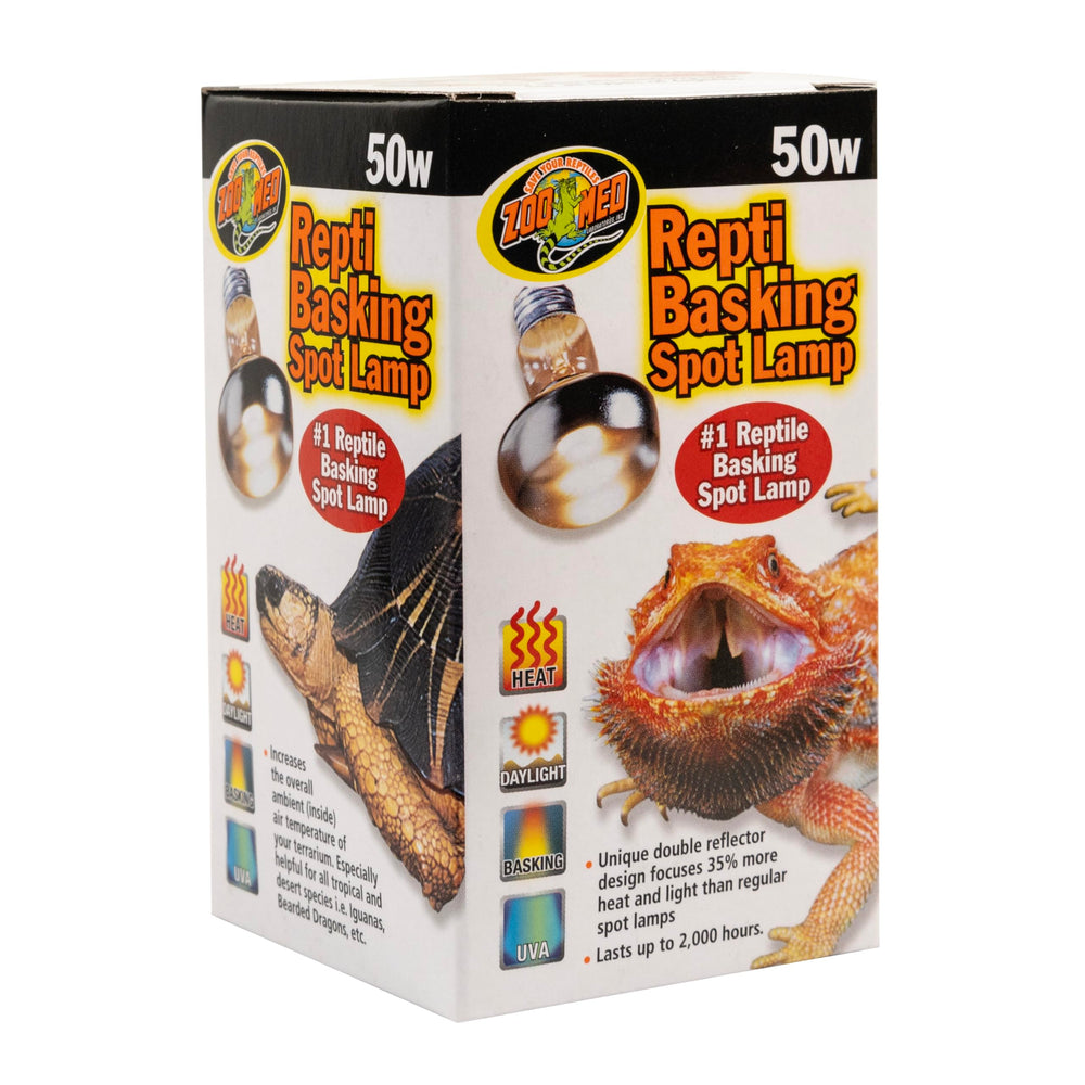 Zoo Med Repti Basking Lamp 50W packaging shows specs for reptile terrariums.