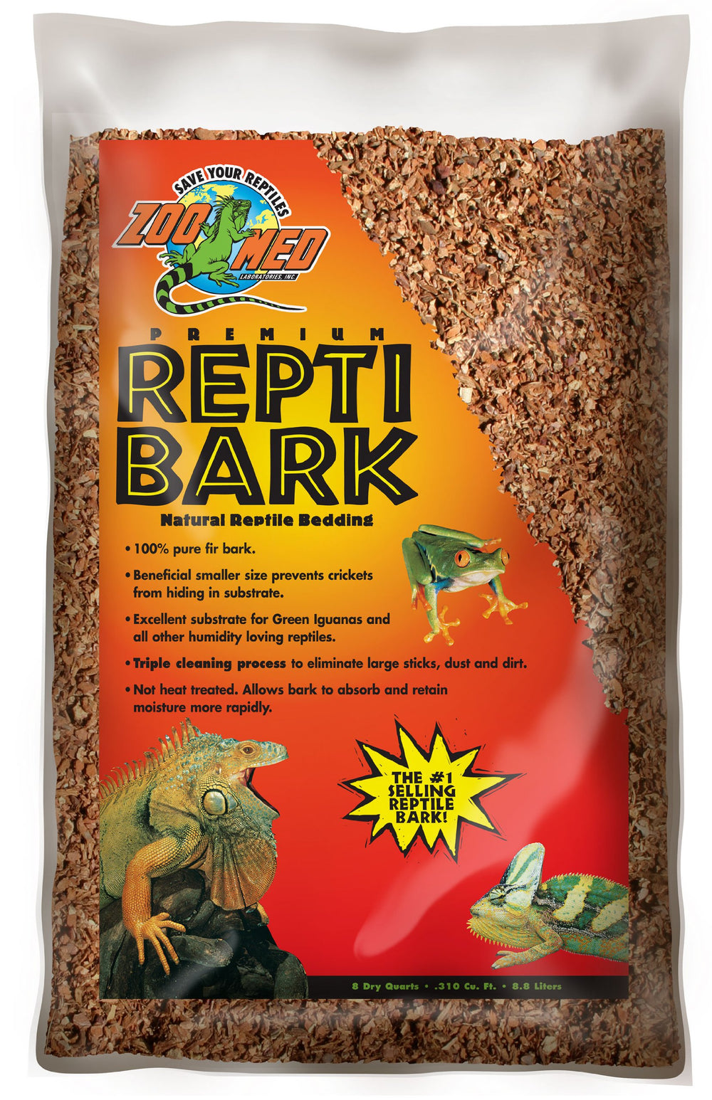 Zoo Med Reptile Bark Fir Bedding packaging shown for reusable terrarium substrate.