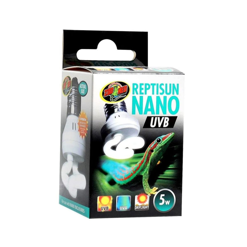 Zoo Med Reptisun Nano UVB Bulb delivers UVB and UVA for reptile daylight in terrariums.