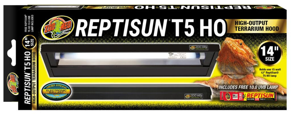Zoo Med ReptiSun T5 HO hood with 10.0 UVB bulb over terrarium, delivering strong UVB and visible light