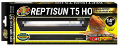 Zoo Med ReptiSun T5 HO hood with 10.0 UVB bulb over terrarium, delivering strong UVB and visible light