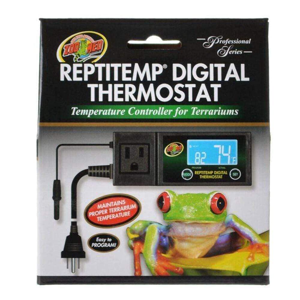 Zoo Med Reptitemp Dig thermostat setup showing precise temperature control.