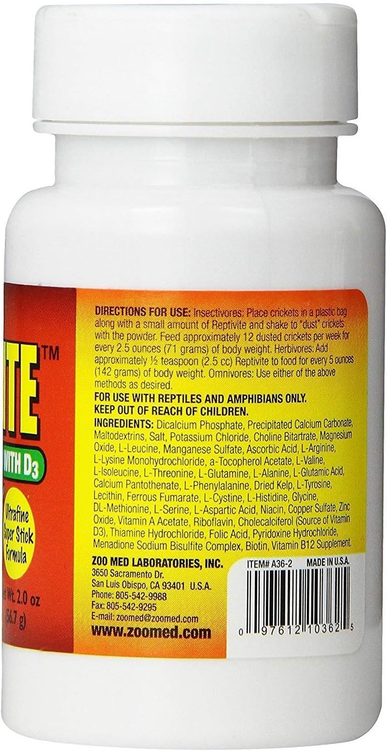 ReptiVite D3 label close-up showing a clean, soy-free formula.