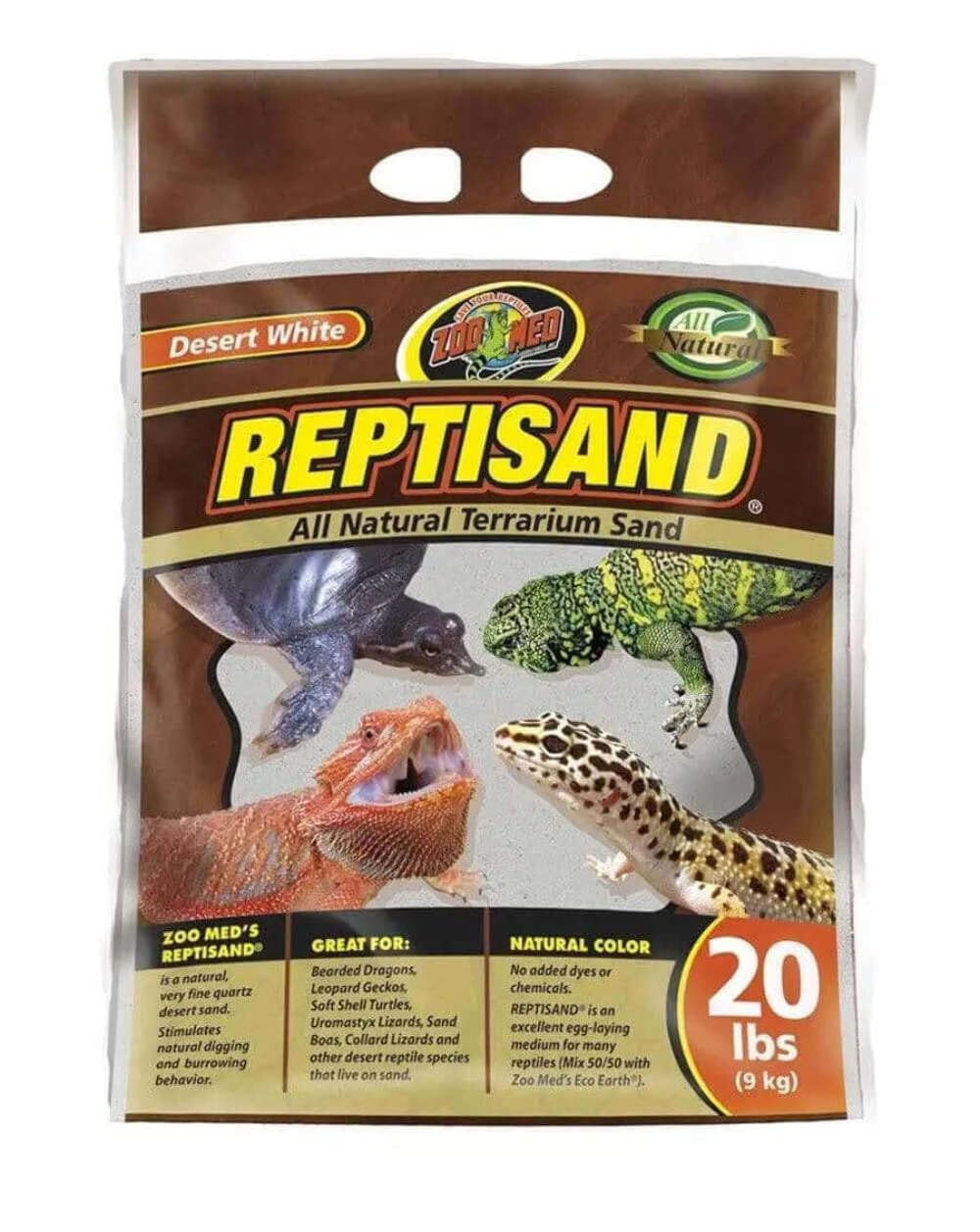 Zoo Med Desert White sand 20 lb provides natural substrate for desert reptiles and clear viewing.
