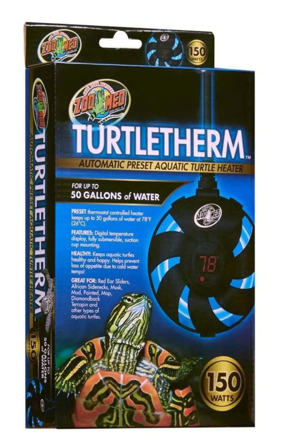 Zoo Med TURTLETHERM with digital thermometer display for easy water temperature monitoring