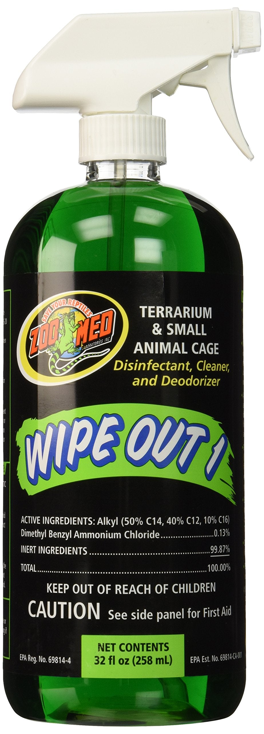 Zoo Med Wipe Out 1 disinfectant bottle for terrariums and enclosures, helps sanitize and deodorize.