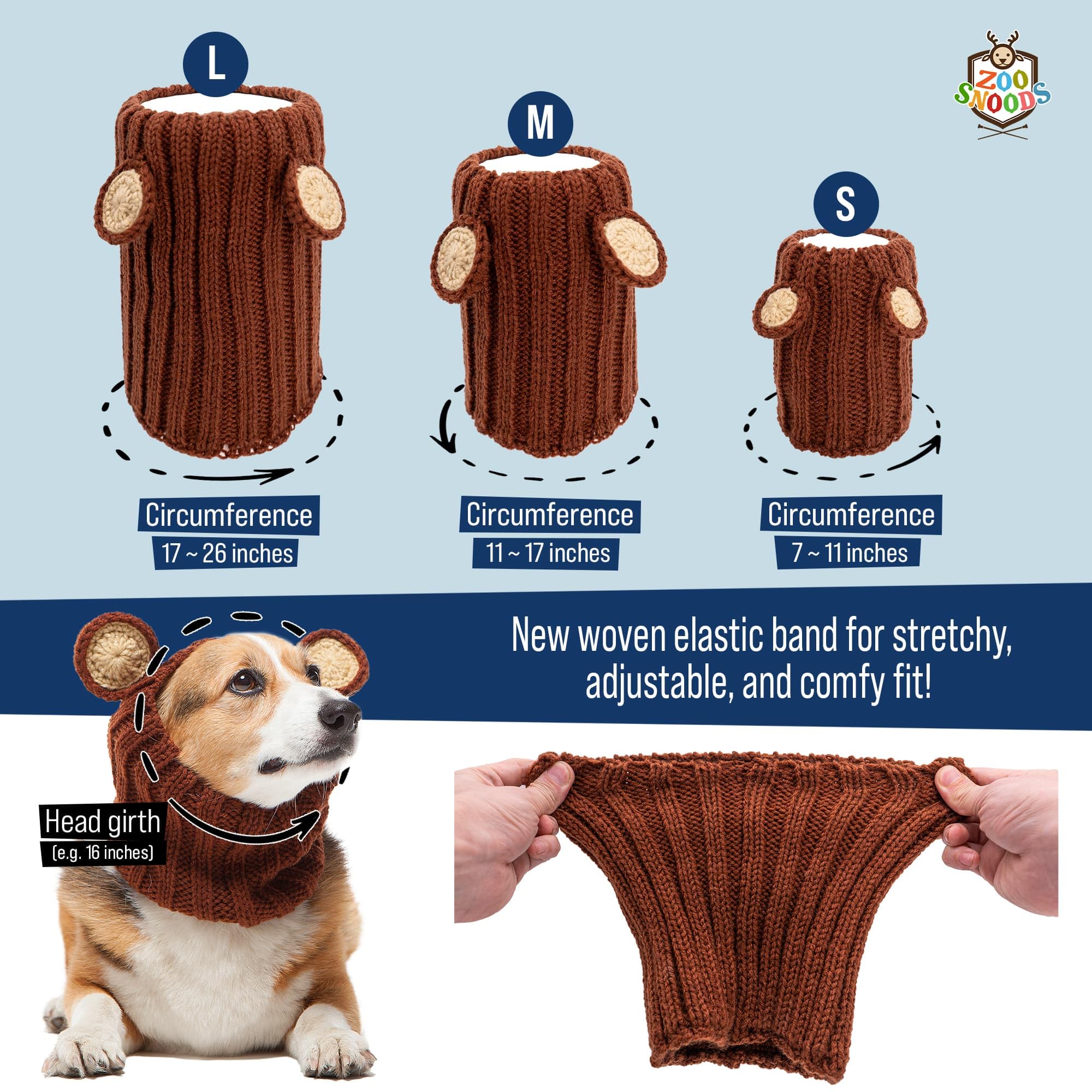 Zoo Snoods Bunny Costume elastic band, adjustable fit for 60–180 lb dogs.