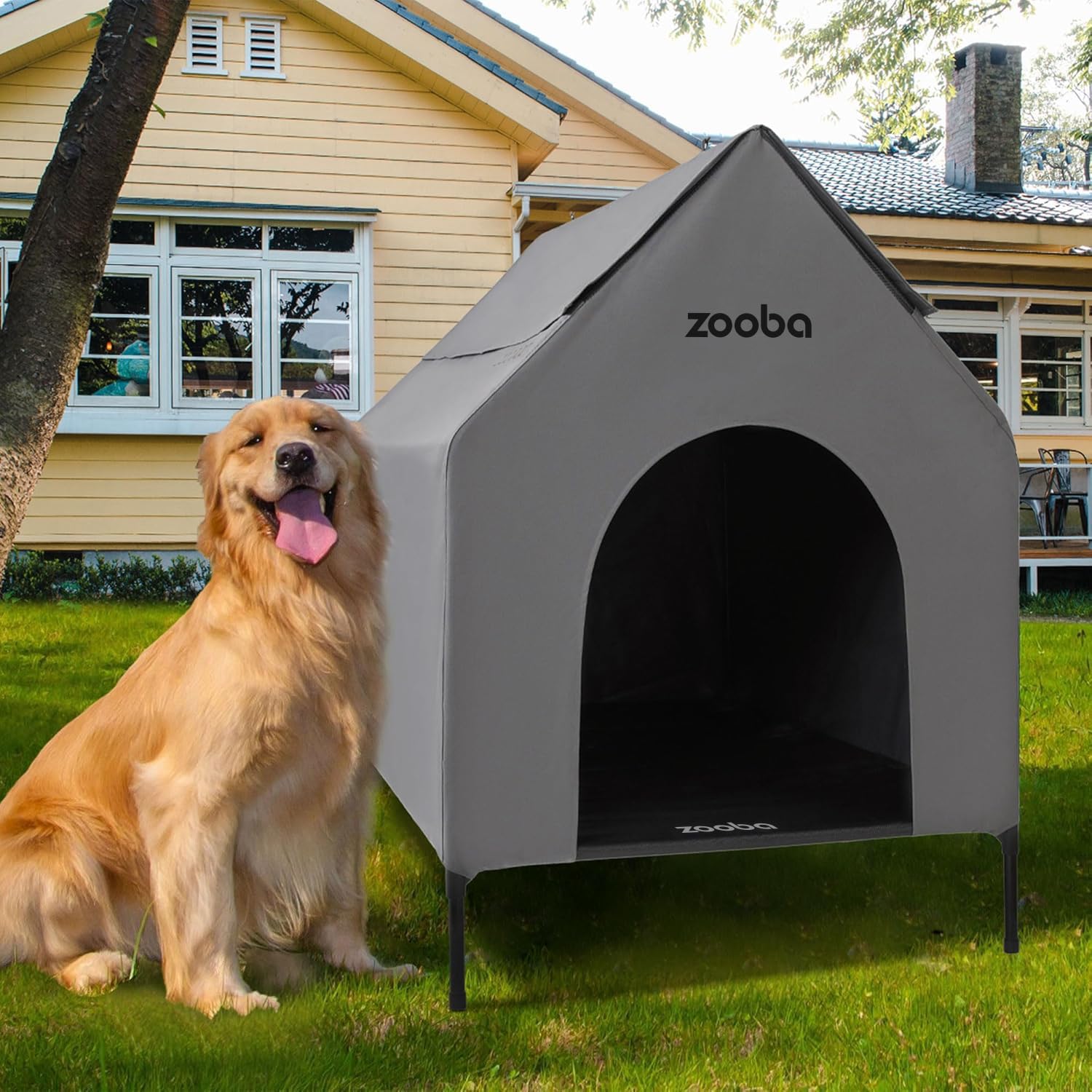Zooba 36-inch large dog house exterior view shows weatherproof build for indoor or outdoor use