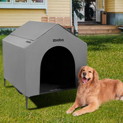 Zooba 42-inch outdoor dog house exterior shows a weatherproof shelter for large breeds.