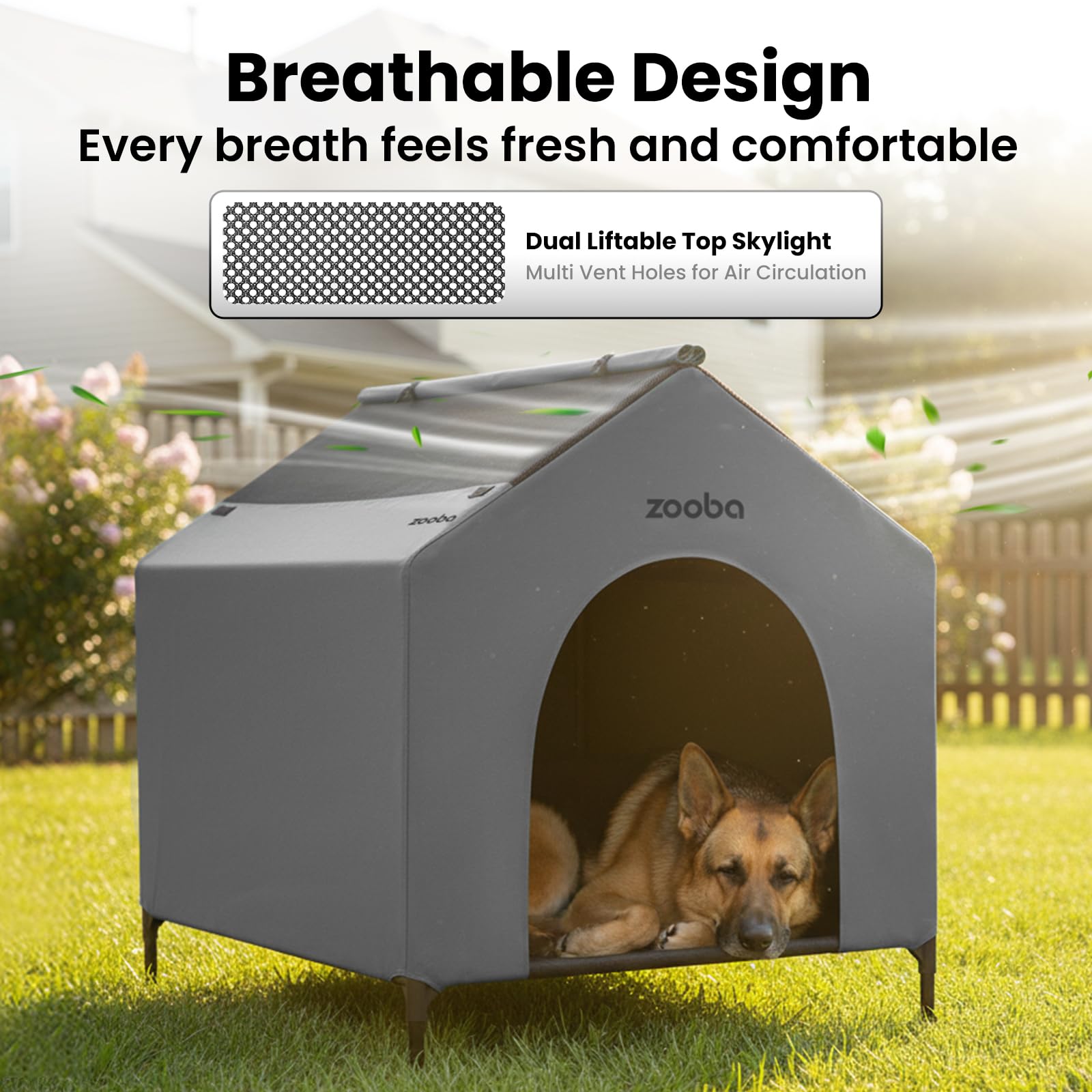 Zooba 42-inch outdoor dog house interior offers roomy comfort for large dogs.