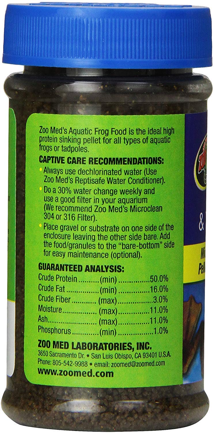 Zoo Med Aquatic Frog & Tadpole Food being used in a bare-bottom tank for easy maintenance.