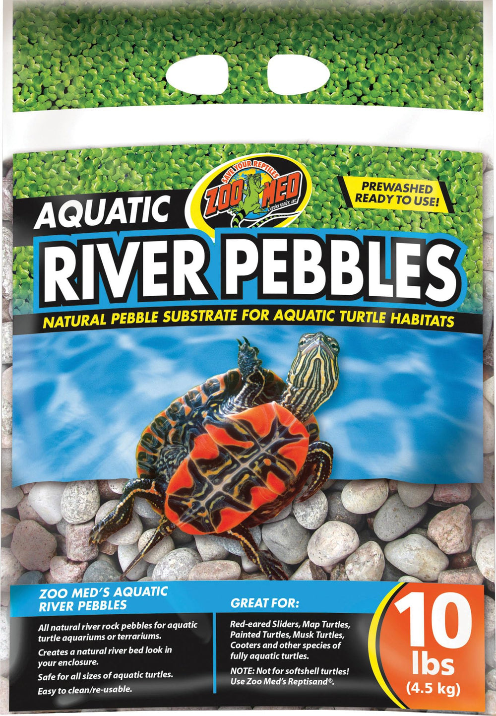 Zoo Med Aquatic River Pebbles for turtle habitat provide smooth, natural-looking substrate that's safe for aquatic turtles.