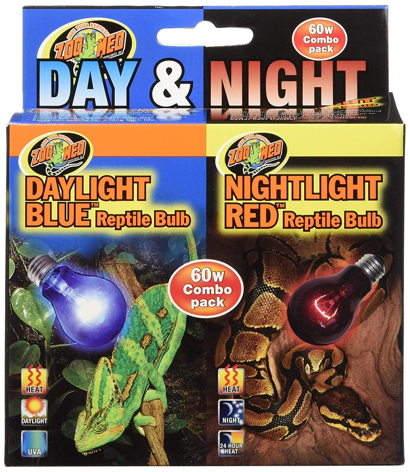 Zoo Med Day & Night Reptile Bulb Combo Pack providing daytime heat and nighttime viewing for terrariums
