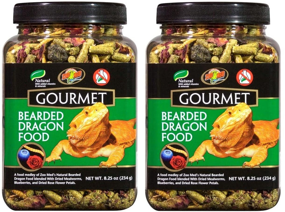 Zoo Med Gourmet Bearded Dragon Food 2-pack, enriched with blueberries and mealworms for a varied reptile diet.