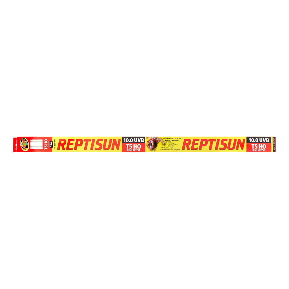Zoo Med ReptiSun 10.0 HO T5 UVB lamp in terrarium for bright UVB exposure.
