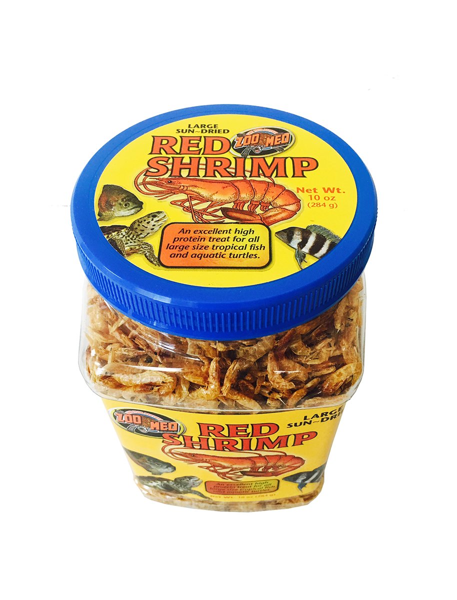 Zoo Med sun-dried red shrimp pellets closeup highlights a protein-rich snack for turtles.