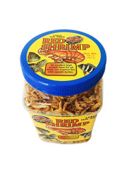 Zoo Med sun-dried red shrimp pellets closeup highlights a protein-rich snack for turtles.